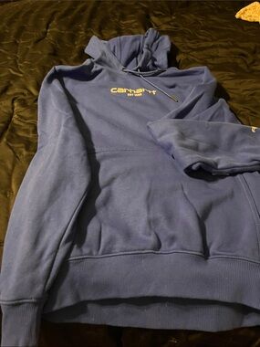 Carhartt Navy Blue Pullover Hoodie with Yellow Logo
